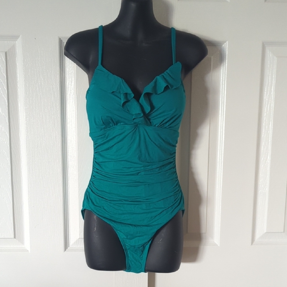 Ralph Lauren Teal Ruffled Under-Wire Light Control One-Piece Swimsuit 10